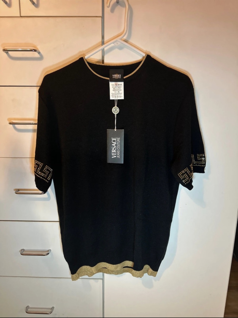 Versace Jeans Collection Black Crewneck Sweater with Gold Trim